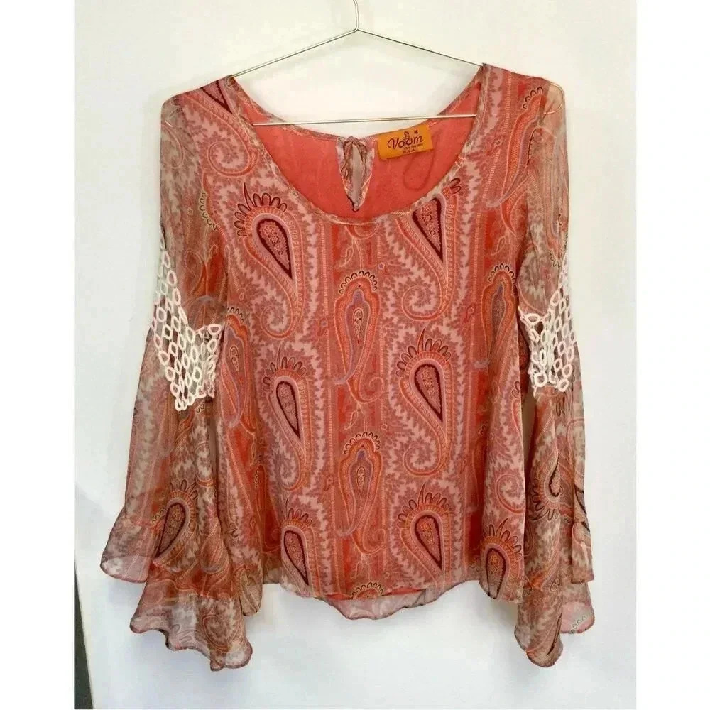 Voom by Joy Han Womens Orange Paisley Print Sheer Bell Sleeve Blouse Size Medium